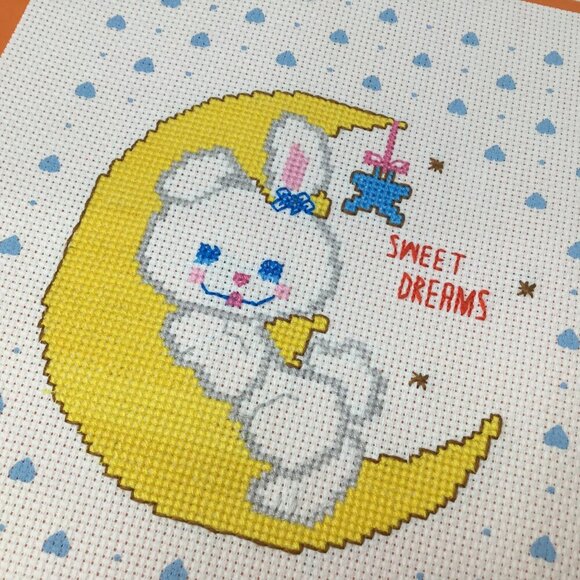 Finished Ready to Frame Cross Stitch Handmade Sweet Dreams Crescent Moon Bunny - Picture 2 of 5